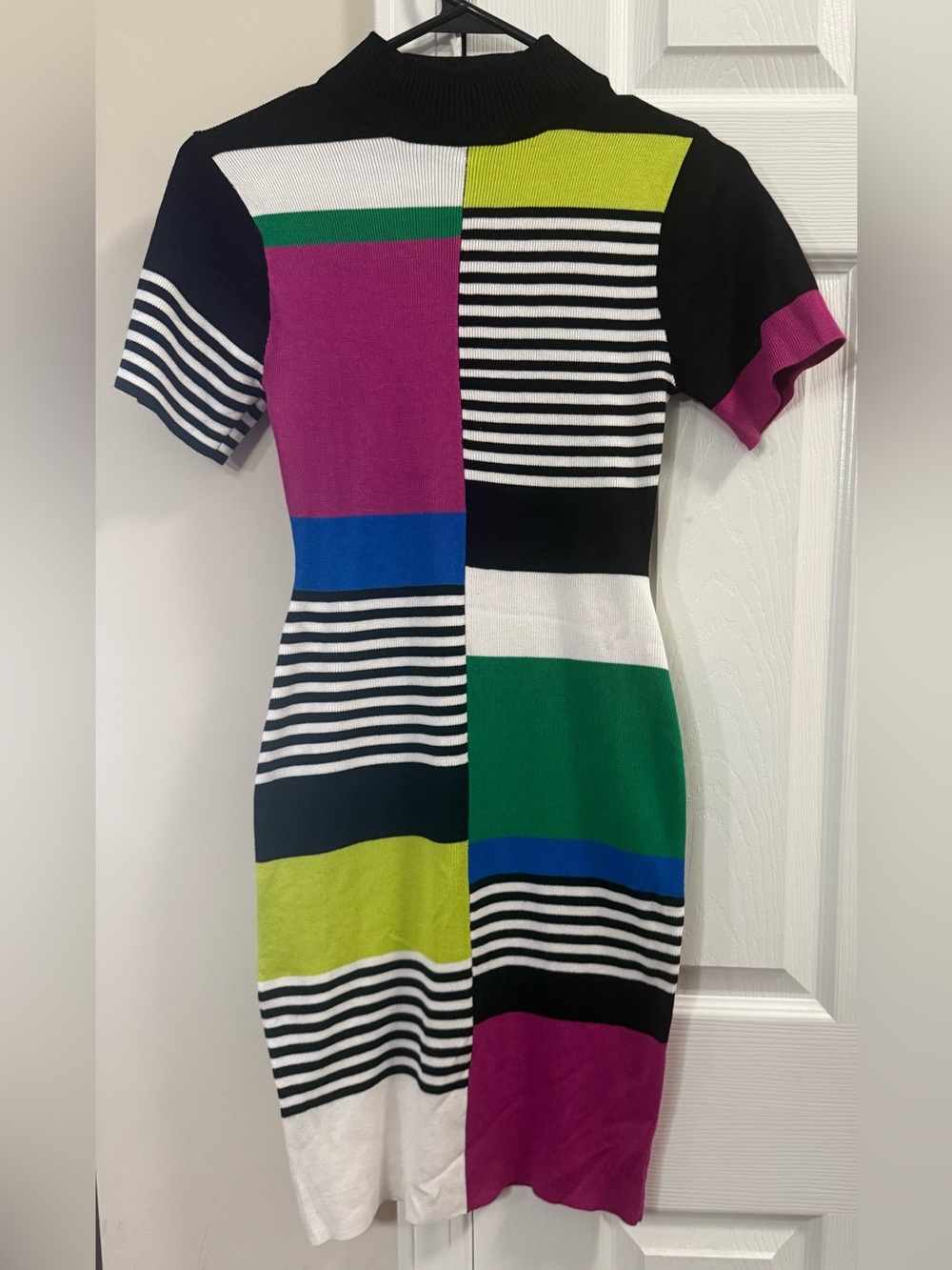 Fashion Nova Black, White, Green, Blue & Pink Colorblock Midi Dress